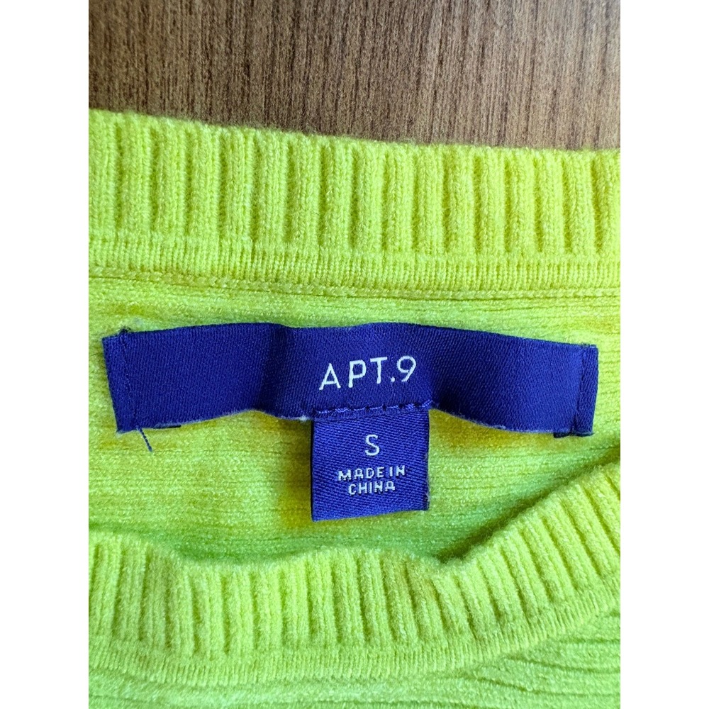 Apt. 9 Neon Yellow Lightweight Sweater Women's Small Ribbed Long Sleeve Crewneck - Picture 3 of 5